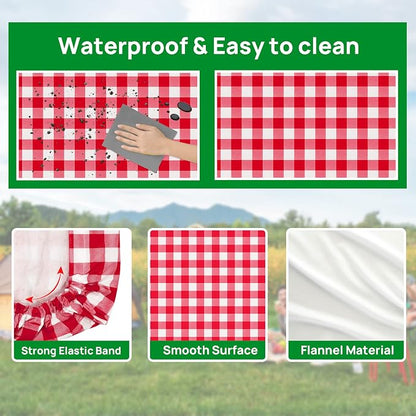 Vinyl Fitted Picnic Table Cover with Bench Covers & Bag 6ft Red Checkered | Vinyl Fitted Picnic Table Cover with Bench Covers and Bag, Outdoor Waterproof Windproof Picnic Tablecloth with Elastic Edges.