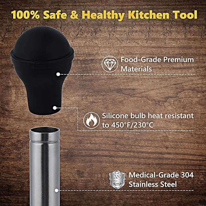 Turkey Baster Set w/Timer and Lacer – Stainless Steel Turkey Baster with Silicone Bulb, 2xPump Flavor Injectors, Silicone Brush, Pop-Up Timer, Turkey Lacer and Cleaning Brush, A Must For Thanksgiving