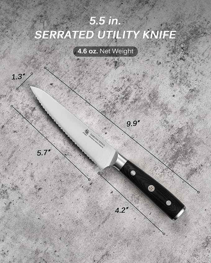 KYOKU 5.5 in. Serrated Utility Knife, Samurai Series Japanese Utility Chef Knife with Pakkawood Handle, German 1.4116 Stainless Steel Full Tang Sandwich Tomato Knife with Protective Sheath & Gift Box
