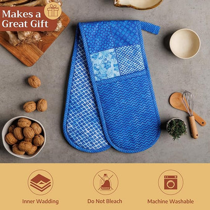 Maison d' Hermine Double Oven Mitts 100% Cotton Double Oven Glove (7"x35") | Heat Resistant BBQ Cooking Gloves with Loop Baking Grilling Kitchen Hotel Home Farmhouse Spring Summer - Indigo Love