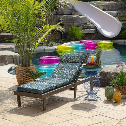 Arden Outdoor Chaise Cushion, 22 x 77, Rain-Proof, Fade Resistant Sapphire Aurora Blue Damask | Lounge Cushion, Rain-Proof, Fade Resistant, Mold and Mildew Resistant