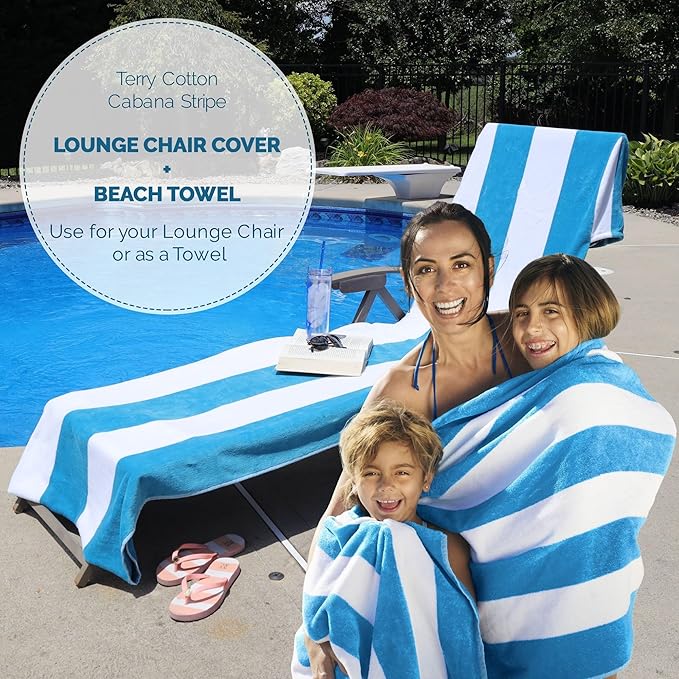 Superior Cabana Cotton Lounge Chair Cover, Outdoor Towel/Chaise Furniture Covers, Terry Cloth, Beach, Spa, Swim Accessories, Pool Chair Cover, Soft, Quick Drying, 32" x 102", Set of 6, Turquoise