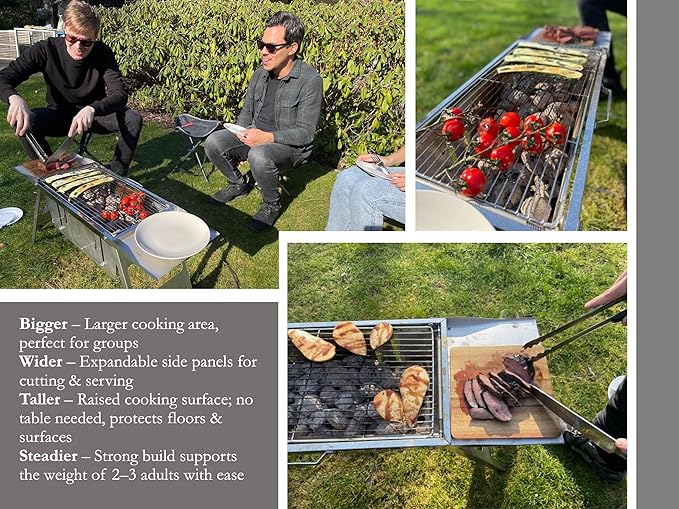 DesignNest Foldable Charcoal Grill - Full Body Stainless Steel Portable BBQ Stand Hibachi with Height Adjustable Grates, 2 Side Trays & Carry Bag 38' Cooking Area For Camping Tailgating & Patios
