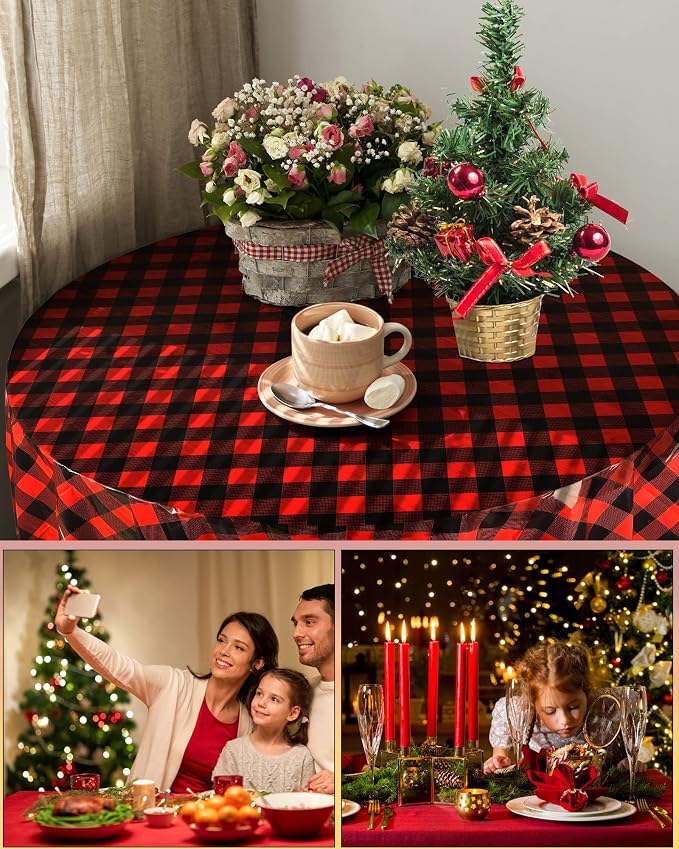 Disposable Checkered Tablecloth Round Plastic Buffalo Plaid Table Cloth 84'' Gingham Tablecover for Picnic Camping BBQ Graduation Party (Red and Black,3 Pieces)