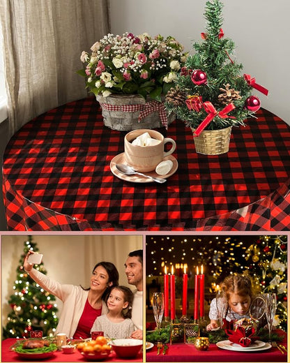 Christmas Disposable Checkered Tablecloth Round Plastic Buffalo Plaid Table Cloth 84'' Gingham Tablecover for Picnic Camping BBQ Graduation Party(Red and Black,6 Pieces)