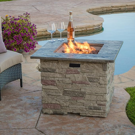 32'' Propane Fire Pit Table Hidden Tank Inside, 40,000 BTU Square Outdoor Gas Firepit with Auto-Ignition, Waterproof Cover for Patio Deck, Stone Gray