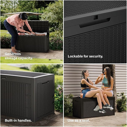 100 Gallon Lockable Resin Outdoor Storage Box, Waterproof & Weather Resistant Deck Box for Patio Cushion, Garden Tools & Pool Accessories, Black