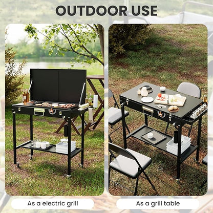 AEWHALE 2-in-1 Outdoor Table & Electric Grill,Portable Grill with Nonstick Cooking Surface for Outdoor Kitchen & Backyard Barbecue Cooking