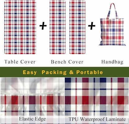 8 Foot Fitted Picnic Table Cover with Bench Covers Elastic Waterproof Oil-Proof VintageTablecloths for Rectangle Tables Dining Outdoor Patio Camping Essentials Blue Red Buffalo Plaid