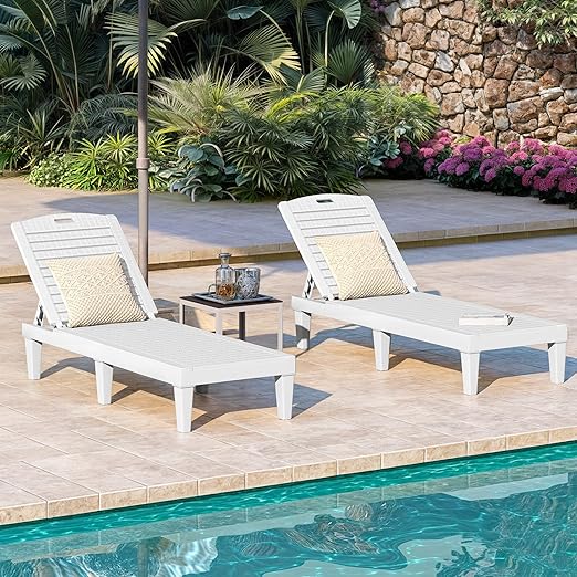 DWVO Outdoor Plastic Chaise Lounger, Poolside Lounge Chair w/5-Position Adjustable Backrest, Waterproof & Easy Setup for Patio, Poolside, Garden (Grayish-White, 1 PC)