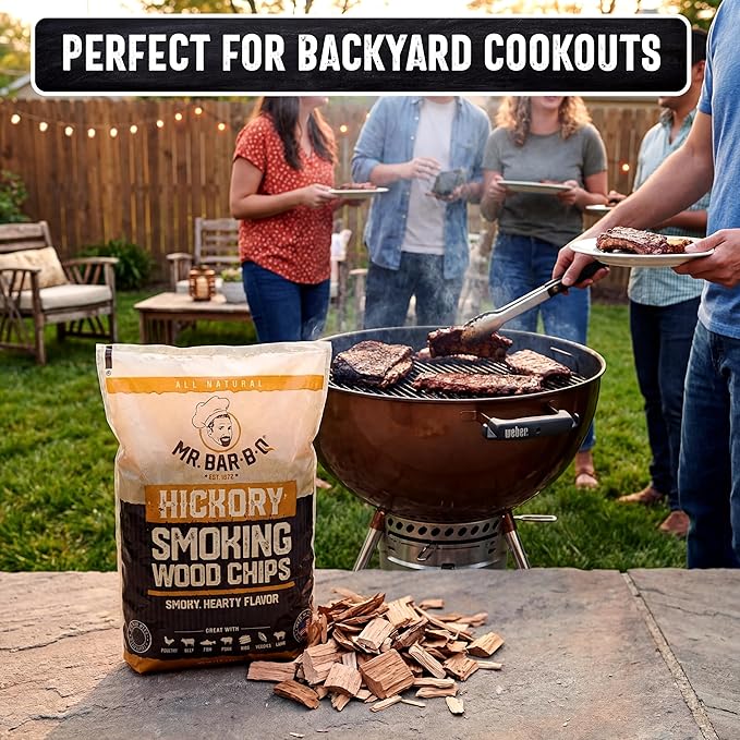 Mr. Bar-B-Q Hickory Wood Smoking Chips, 100% All Natural Wood Chips for Smokers, Works with Smoker, Gas, Electric Grill, Smoky & Fruity Flavor for Picnics, Grilling, Smoker, BBQ & Camping (1.8 Lb Bag)