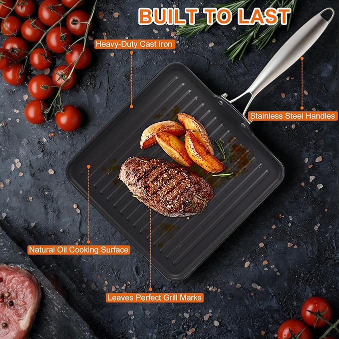 11 Inch Square Cast Iron Grill Pan, Pre‑Seasoned Ridged Skillet with Stainless Steel Handle, Even Heating Griddle for Burger Steak, Indoor Outdoor Stovetop BBQ Compatible