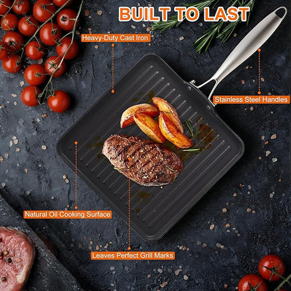11 Inch Square Cast Iron Grill Pan, Pre‑Seasoned Ridged Skillet with Stainless Steel Handle, Even Heating Griddle for Burger Steak, Indoor Outdoor Stovetop BBQ Compatible