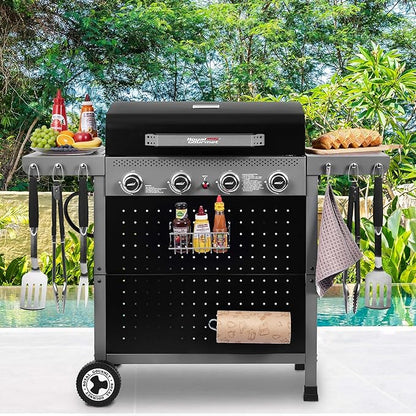 Royal Gourmet GL4001 4-Burner Gas Grill with Pegboard, 500 Sq. In. Cooking Area, 26,000 BTU, Foldable Side Shelves with Hooks, Ideal for Backyard and Patio, Black & Cool Gray