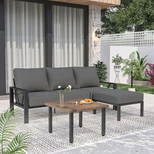 Outdoor Furniture Set, Patio Couch Sectional with Ottoman, 3 Pieces Outdoor Patio Sofa Set Deep Seating with 6" Thick Cushions, Dark Grey