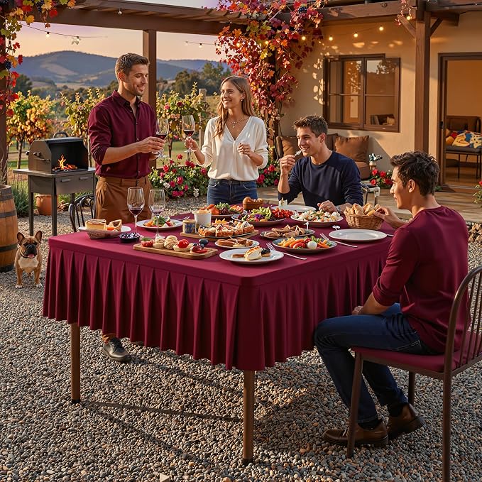 PARTISKY Burgundy Square Spandex Tablecloths 54x54 Inch, Wrinkle Free Fitted Square Table Cloth Stretch Card Table Cover for Kitchen Dinner, Holiday Party, Wedding Banquet, Display Trade Show