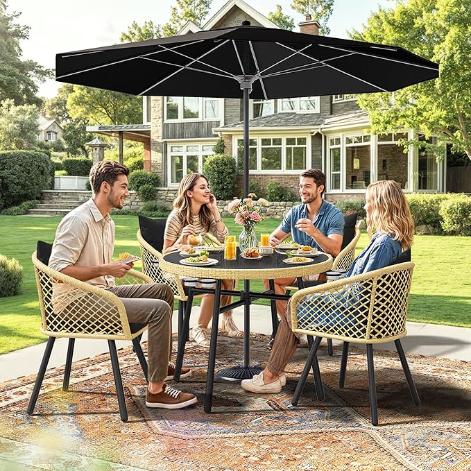 YITAHOME Outdoor Dining Set with Umbralle Hole, 5pcs Rattan Patio Dining Set for 4 with Cup Holders Soft Cushions and Glass Top Dining Table for Patio, Backyard, Garden, Bacony, Light Brown & Black