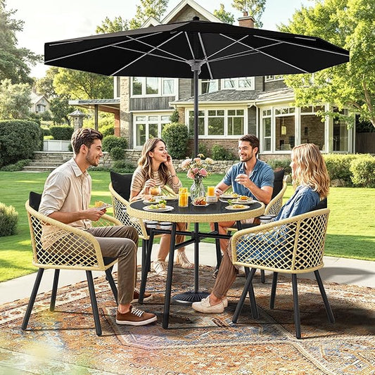 YITAHOME Outdoor Dining Set with Umbralle Hole, 5pcs Rattan Patio Dining Set for 4 with Cup Holders Soft Cushions and Glass Top Dining Table for Patio, Backyard, Garden, Bacony, Light Brown & Black