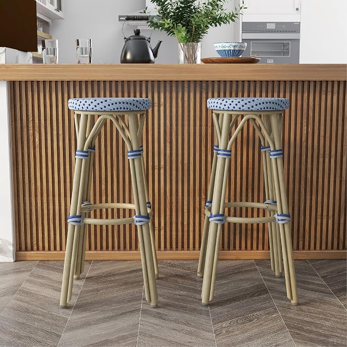 Seadrift Boho 30-inch Aluminum and All-Weather Wicker Barstools with Footrest, Patio Stools & Bar Chairs for Outdoor, Kitchen Counter, Poolside, Yard, Set of 2, Gray and Navy Blue