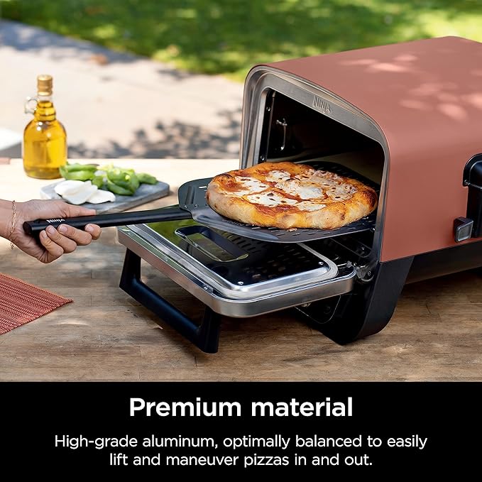 Ninja | Outdoor Pizza Oven with 19.5" Perforated Pizza Peel | Includes 12" Pizza Stone & 12" Bake Pan | 5 Pizza Presets Neapolitan, Thin Crust, New York, Pan & Custom | 700F Max Temp | Electric