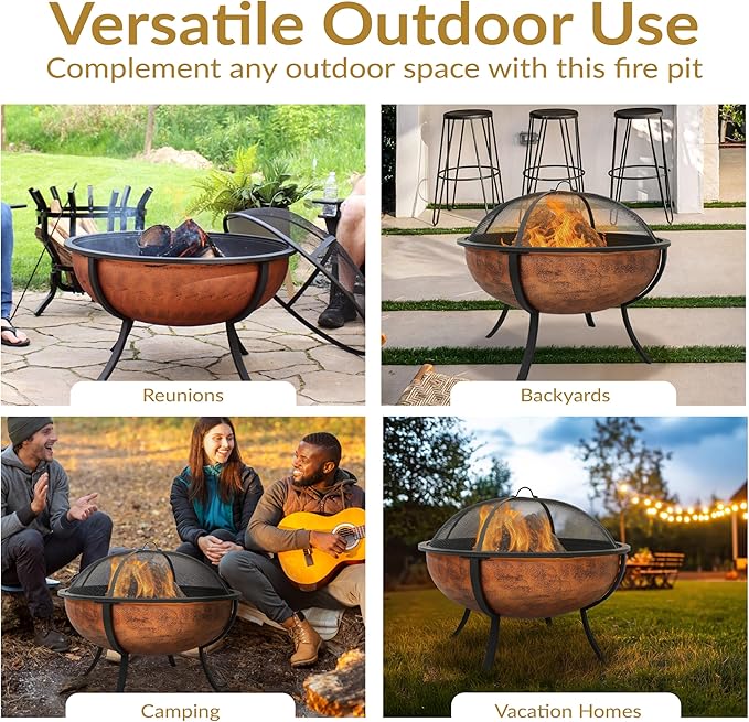 Sunnydaze 32-Inch Fire Pit for Outside - Wood-Burning Fire Pit Bowl with Spark Screen, Wood Grate, and Poker - Copper