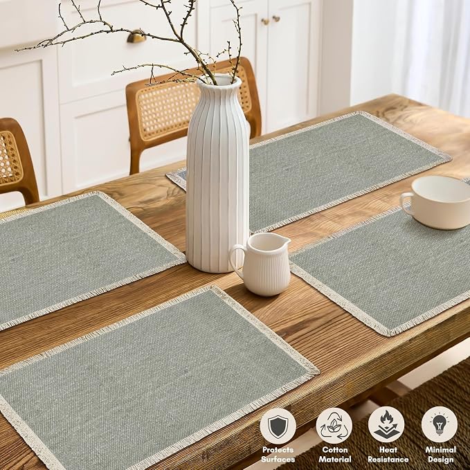 Hausattire Cotton Frayed Placemats Set of 6 Dining Table 13x19 Inch | Rustic Farmhouse Boho Washable Easter Placemat for Outdoor Parties BBQ's Wedding,Special Occasions, Nubby Cotton - Grey