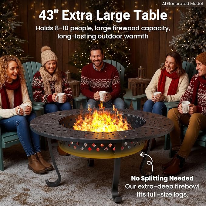 3 in 1 43" Large Fire Pit for Outside Wood Burning with 2 Adjustable Grills | Outdoor Fireplace with Lid and Fire Poker, Firepit with BBQ & Bonfire & Round Metal Table for Patio, Backyard, Deck, Yard
