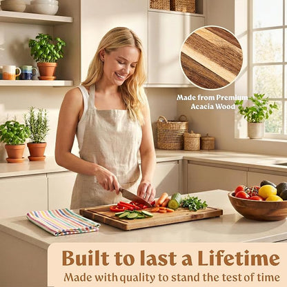 Acacia Wood Cutting Boards for Kitchen Set of 3, Juice Groove | Non Toxic Wooden Chopping Boards, Knife Friendly, Large Kitchen Boards for Meat, Cheese, Charcuterie & Serving