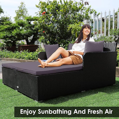 Tangkula Outdoor Rattan Daybed, Sunbed Wicker Furniture w/Spacious Seat, Upholstered Cushion & High-Resilience Sponge, Wicker Patio Sofa Set w/Extra Pillows for Courtyard Poolside (Grey)