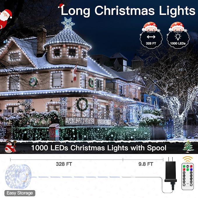 Christmas Lights Outdoor, 1000LED 328FT Christmas Tree Lights IP67 Waterproof, Plug in Fairy Lights with Remote 8 Modes Timer, Xmas Light for Outside Indoor House Holiday Decor(Cool White)