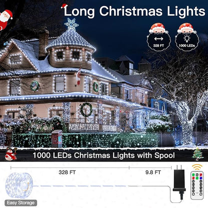 Christmas Lights Outdoor, 1000LED 328FT Christmas Tree Lights IP67 Waterproof, Plug in Fairy Lights with Remote 8 Modes Timer, Xmas Light for Outside Indoor House Holiday Decor(Cool White)