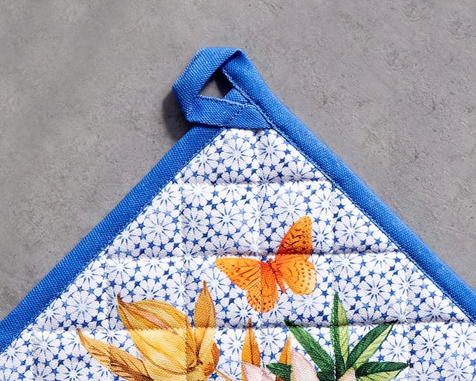 Maison d' Hermine Pot Holders 100% Cotton Heat Resistant Potholders 8" x 8" Hot Pads with Loop BBQ Cooking Baking Hotel Farmhouse Kitchen Handling Hot Pans Spring Summer (Pack of 2, Passiflora)
