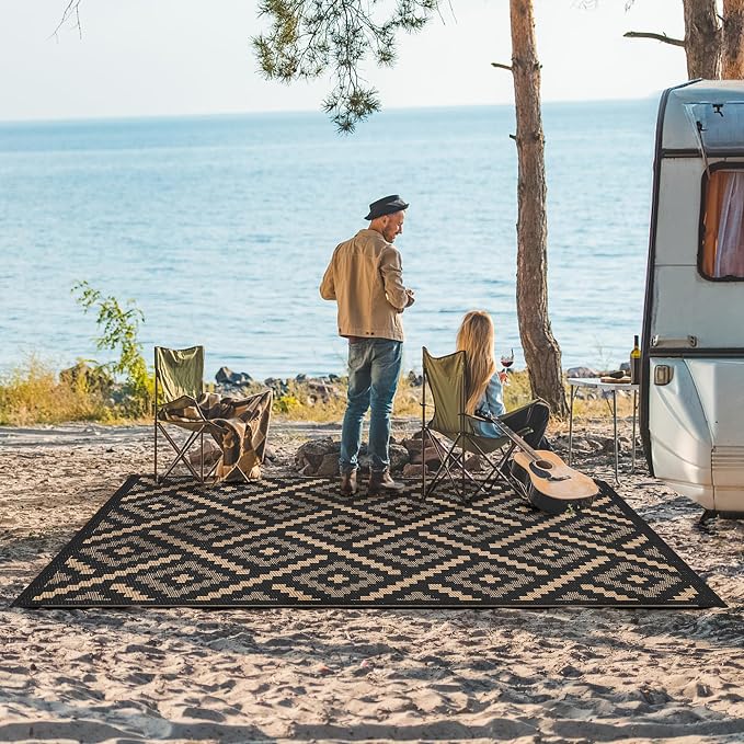 GENIMO Outdoor Rug, Waterproof Plastic Rugs for Patio, 6'x9' Mocha Brown | Outside Larger Modern Carpet Mat for Porch Decor, Deck, Balcony, Camping, RV, Backyard, Picnic, Beach, Reversible, Foldable