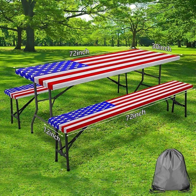 JAWO American Flag Picnic Table Cover with Bench Covers Vintage Camping RV Essentials Waterproof Windproof Fitted Outdoor Tablecloth with Elastic Rectangle Table Cloth Camping Accessories, 30x60in