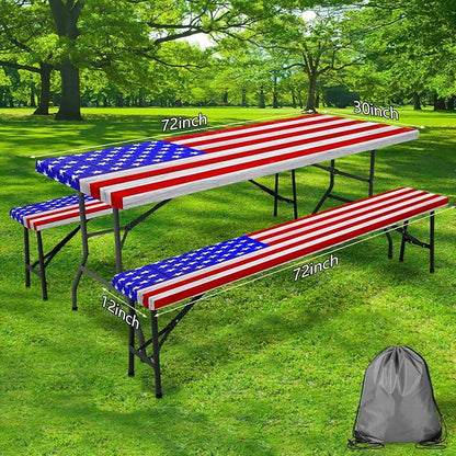 JAWO American Flag Picnic Table Cover with Bench Covers Vintage Camping RV Essentials Waterproof Windproof Fitted Outdoor Tablecloth with Elastic Rectangle Table Cloth Camping Accessories, 30x60in