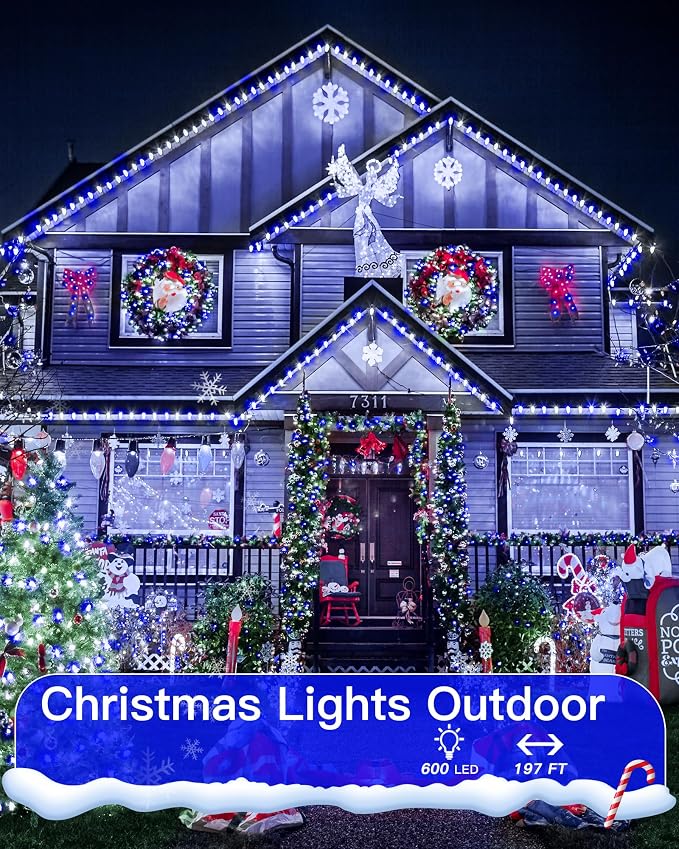 196FT 600 LED Christmas Lights Outdoor Waterproof, Timer & Memory Function, 8 Modes Blue White String Lights Plug in Twinkle Lights for Xmas Tree Holiday Garden Indoor Party Decor