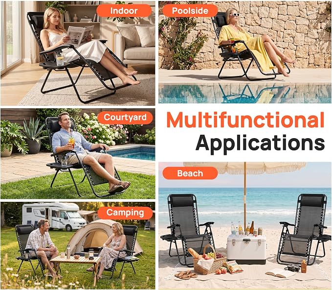 Alpen Zero Gravity Lounge Chair Set of 2, Patio Chair for Beach Pool, Black | Chaise Lounge Chairs for Outside, Portable Camping Chairs with Pillow and Cup Holder, Outdoor Recliner for Beach Camping