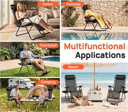 Alpen Zero Gravity Lounge Chair Set of 2, Patio Chair for Beach Pool, Black | Chaise Lounge Chairs for Outside, Portable Camping Chairs with Pillow and Cup Holder, Outdoor Recliner for Beach Camping
