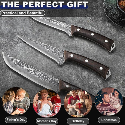 PURPLEBIRD Japanese Chef Knife Set of 3, Razor Sharp Kitchen Knife Set, Japanese Full Tang Meat Knives with Wood Handle for Trimming and Carving Poultry Chicken, Ideal Gifts for Men