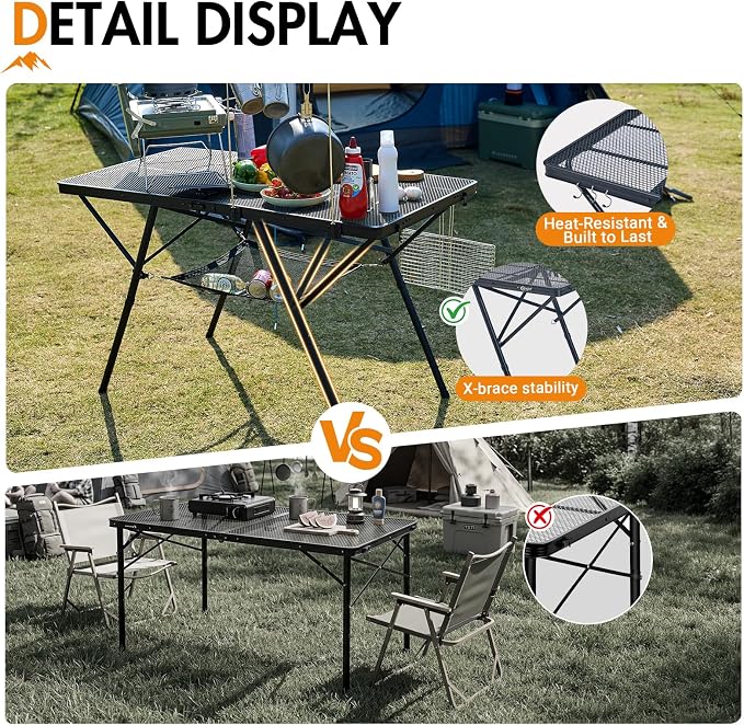 Portal 4 ft Folding Camping Grill Table Heavy Duty Portable Outdoor for BBQ | Iron Mesh Folding Grill Table with 2 Adjustable Heights(15" & 29"), Heat-Resistant Tabletop for BBQ & Outdoor Cooking Gray