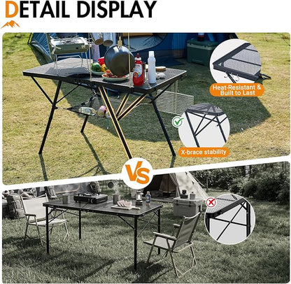 Portal 4 ft Folding Camping Grill Table Heavy Duty Portable Outdoor for BBQ | Iron Mesh Folding Grill Table with 2 Adjustable Heights(15" & 29"), Heat-Resistant Tabletop for BBQ & Outdoor Cooking Gray