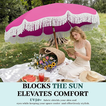 AreShark 7ft Patio Umbrella with Fringe, UPF50+ Beach Umbrella for Table, Pool & Garden, Portable Outdoor Tassels Umbrella w/Fiberglass Ribs&Push Bottom Tilt(Light Pink)