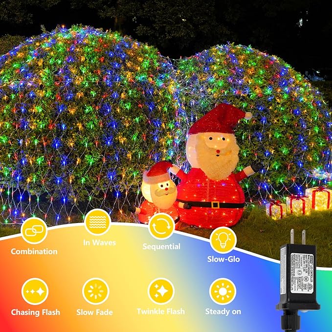 QITONG Net Lights Outdoor Mesh Lights, 12ft x 5ft 360 LED Multicolor Christmas Light with 8 Modes, Connectable Clear Wire Bush Light Plug in