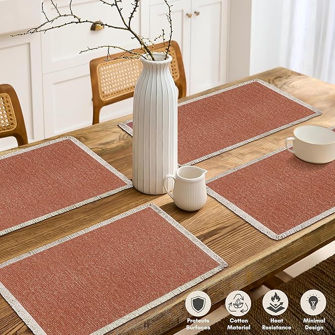 Hausattire Cotton Frayed Placemats Set of 6 Dining Table 13x19 Inch | Rustic Harvest Boho Washable Easter Placemat for Outdoor Parties BBQ's Holiday, Special Occasions, Nubby Cotton - Rust