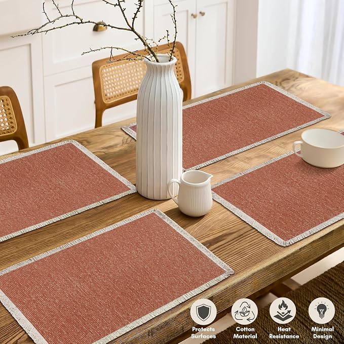 Hausattire Cotton Frayed Placemats Set of 4 Dining Table 13x19 Inch | Rustic Harvest Boho Washable Easter Placemat for Outdoor Parties BBQ's Wedding, Special Occasions, Nubby Cotton - Rust