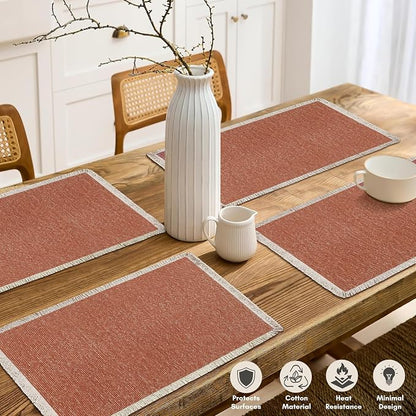 Hausattire Cotton Frayed Placemats Set of 4 Dining Table 13x19 Inch | Rustic Harvest Boho Washable Easter Placemat for Outdoor Parties BBQ's Wedding, Special Occasions, Nubby Cotton - Rust