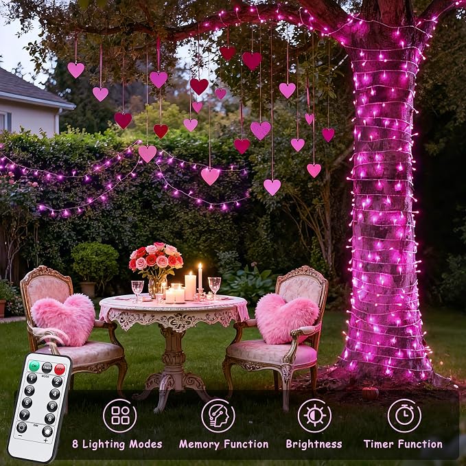 JMEXSUSS 33ft 100 LED Pink Valentine Lights Indoor Outdoor, Pink Battery Operated Lights with 8 Modes Remote, Christmas String Light for Valentine's Day Bedroom Party Tree Decor (Pack of 2)