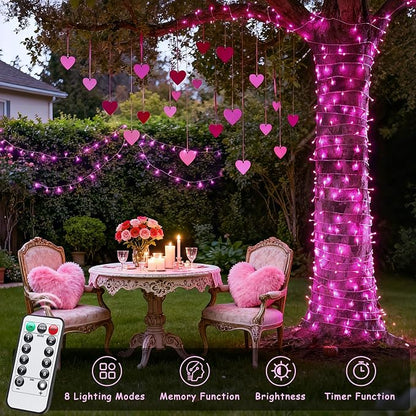 JMEXSUSS 33ft 100 LED Pink Valentine Lights Indoor Outdoor, Pink Battery Operated Lights with 8 Modes Remote, Christmas String Light for Valentine's Day Bedroom Party Tree Decor (Pack of 2)