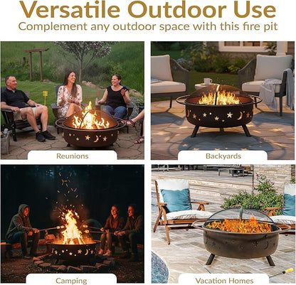 Sunnydaze Cosmic 42-Inch Large Outdoor Fire Pit - Wood-Burning Firepit for Outside Patio, Backyard, Deck - Steel - Wood Grate, Spark Screen, and Fireplace Poker Included - Bronze - 34” Bowl Diameter
