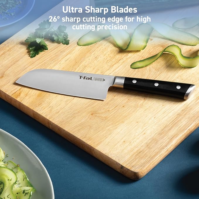 Tefal Ice Force Santoku and Utility Kitchen Knife Set, 2-Pack, 7 in | X50CrMoV15 German steel, Ice hardening technology, 26-degree blade edge, Ergonomic finger guard, Hand wash only